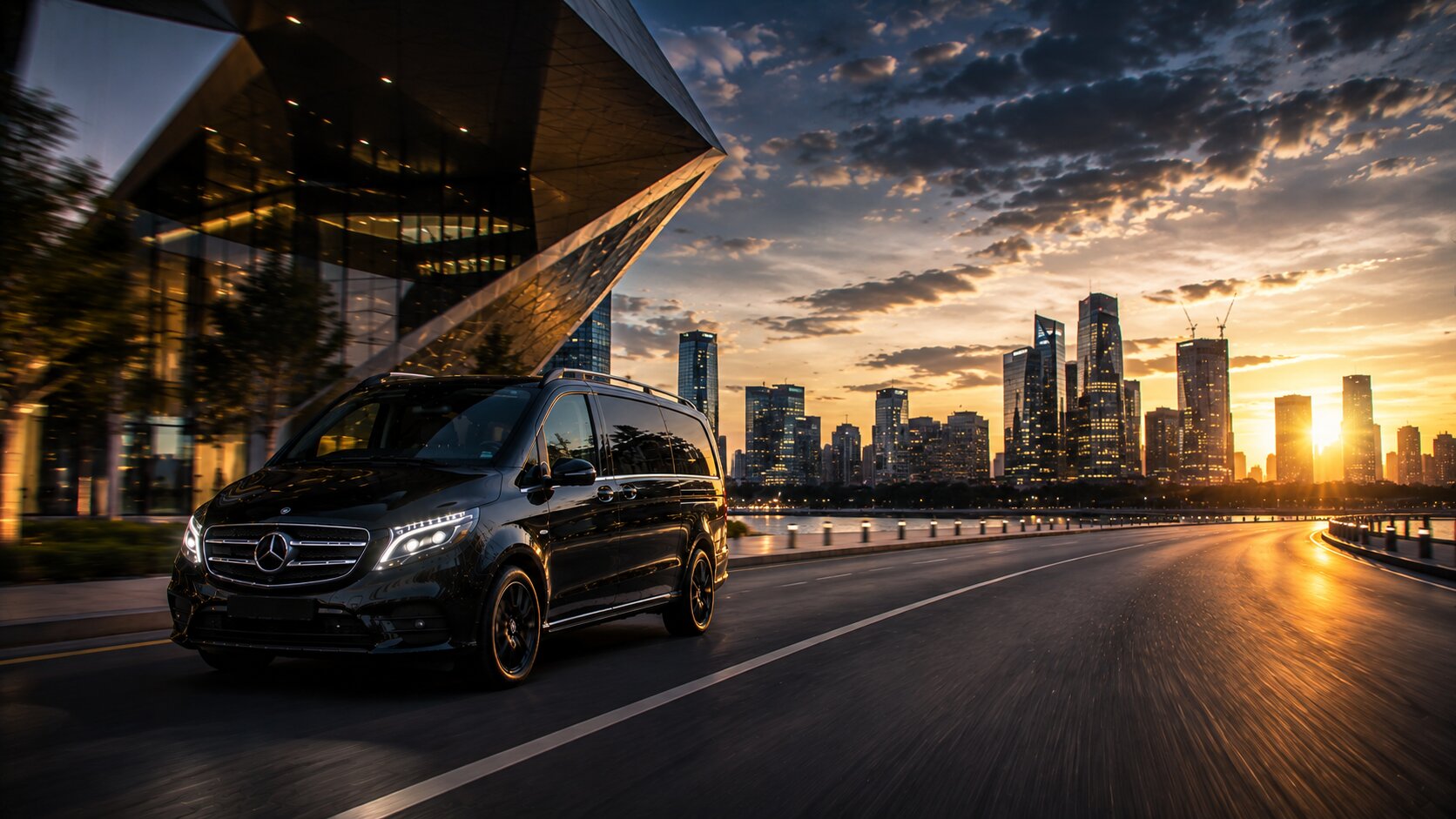 Vůz Mercedes-Benz V-Class v jízdě mezi administrativními budovami