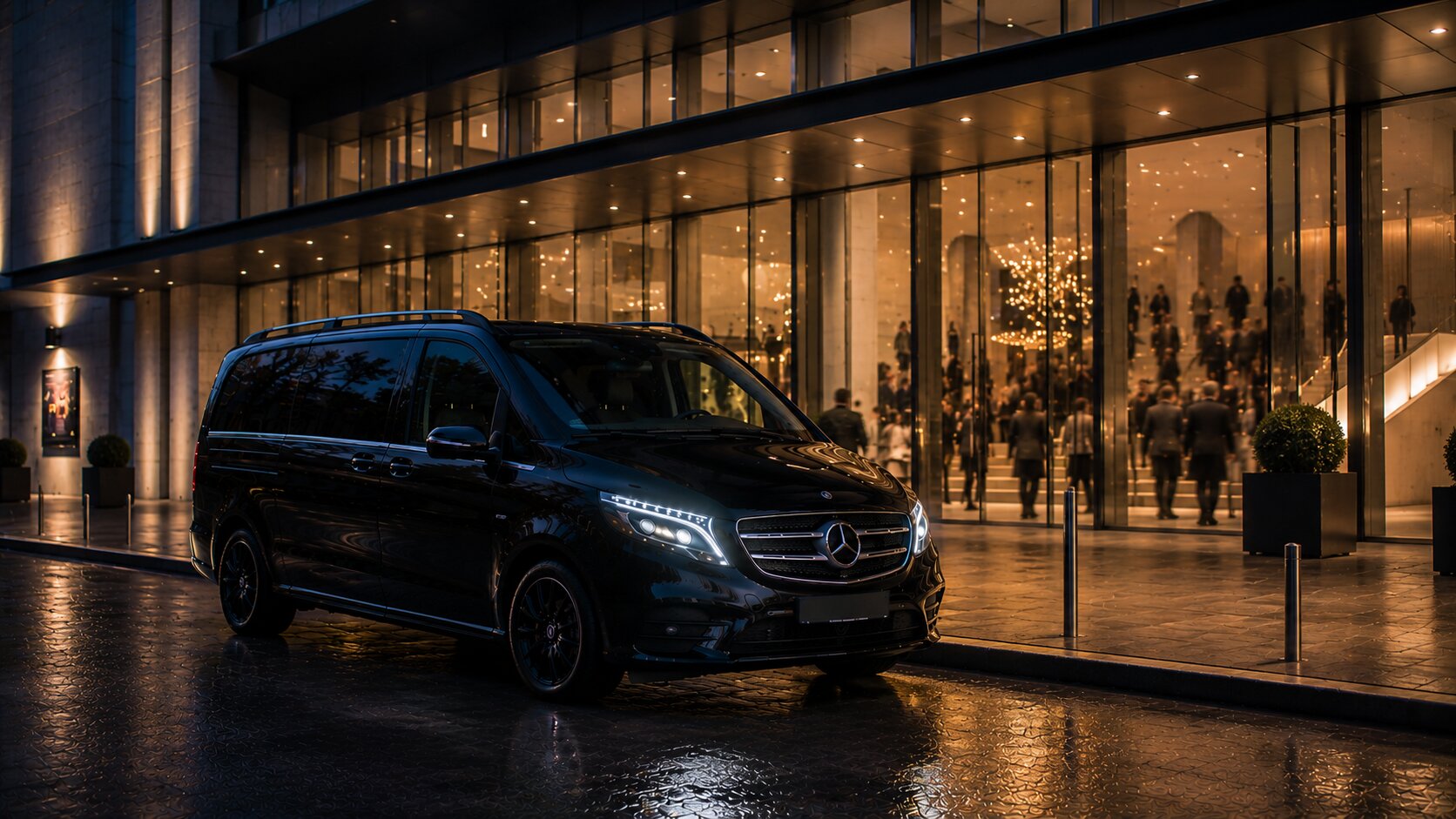 Vůz V-Class ve večerní atmosféře před osvětlenou budovou