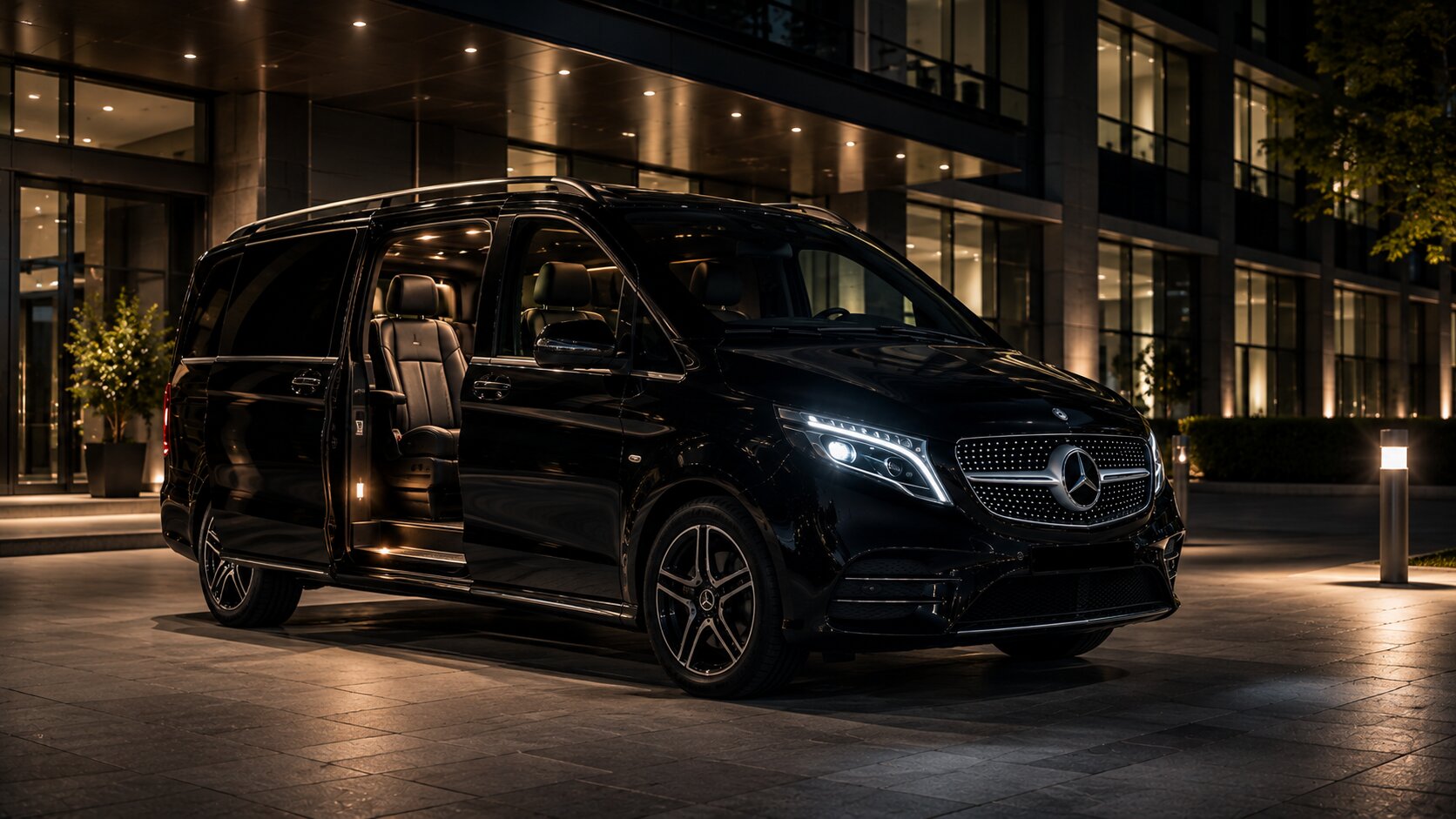 Čelní pohled na vůz V-Class s otevřenými dveřmi ve večerním osvětlení