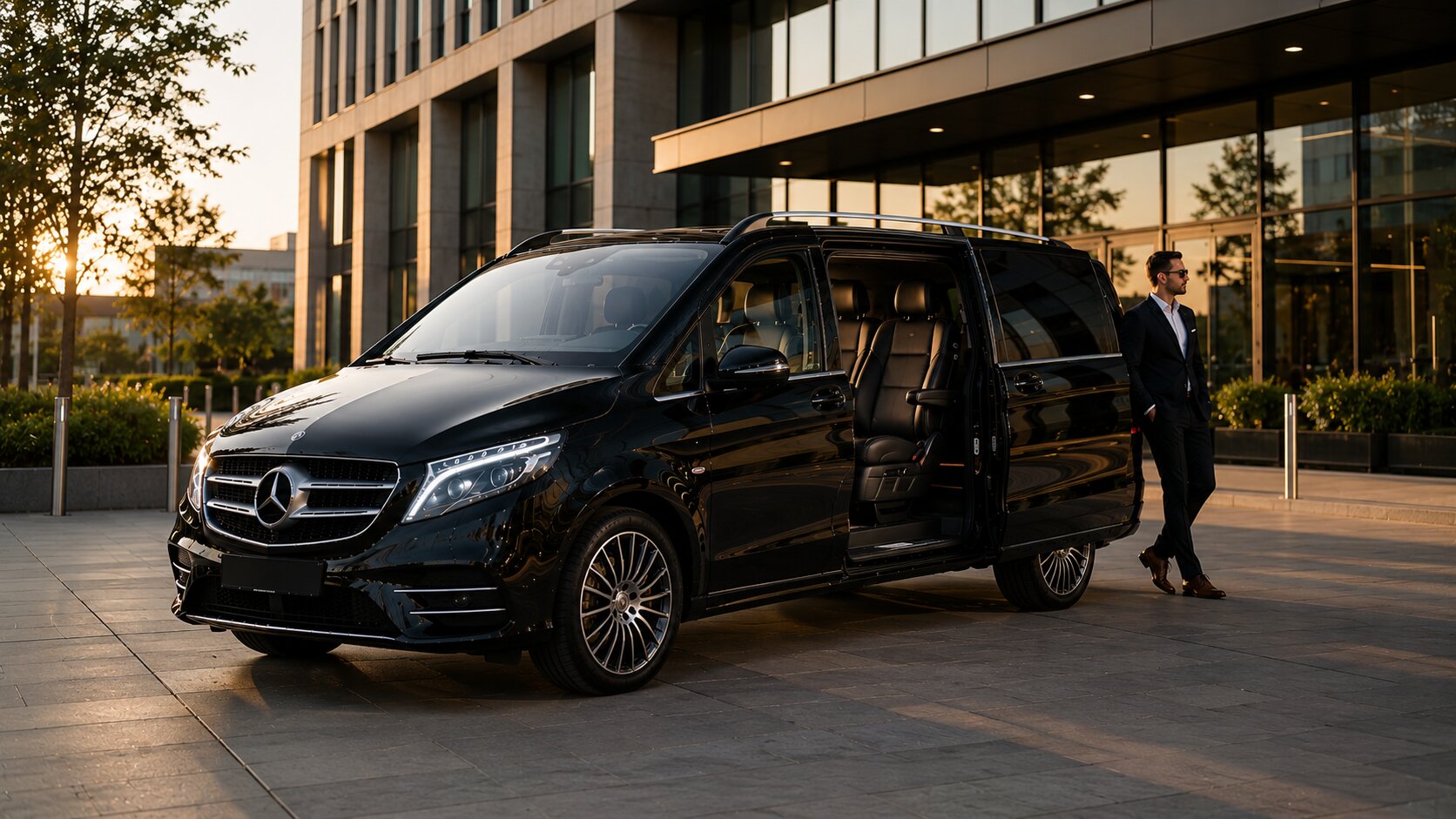 Profesionální řidič u vozu Mercedes-Benz V-Class před skleněnou administrativní budovou