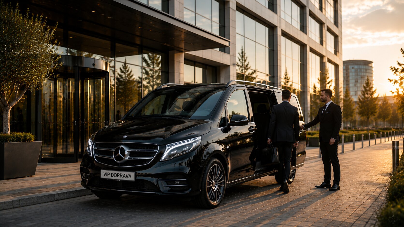 Černý Mercedes-Benz V-Class s registrací VIP DOPRAVA před moderní budovou v podvečerním světle